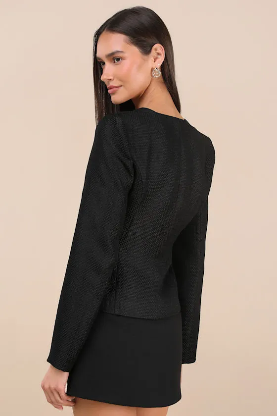 Hulda Black Textured Button-Front Long Sleeve Blazer sold by Lulus product image thumbnail 4