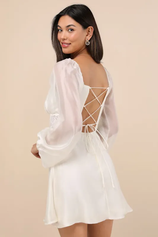 Medora Ivory Long Sleeve Lace-Up Mini Dress sold by Lulus