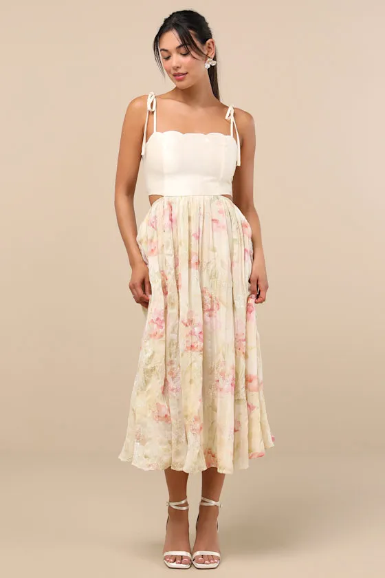 Rosalee Ivory Floral Mixed Media Midi Dress sold by Lulus