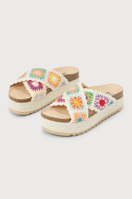 Plays Natural Multi Crochet Espadrille Flatform Slide Sandals sold by Lulus