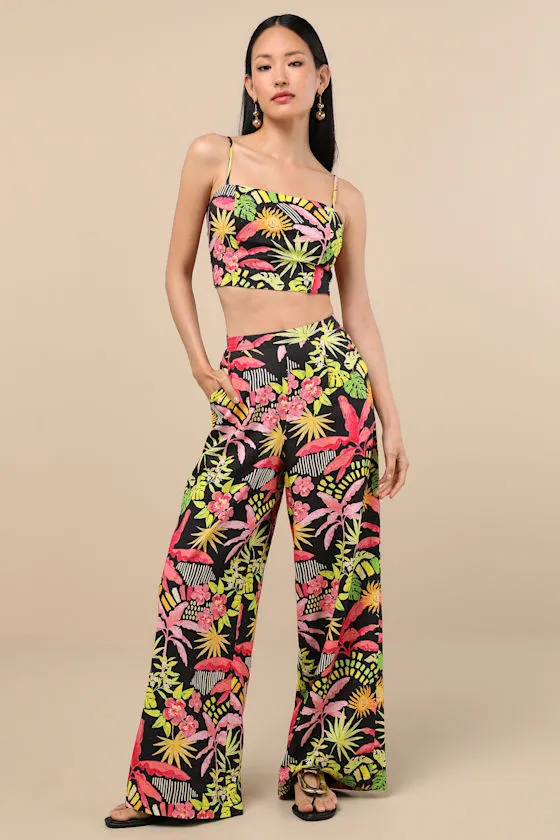 Matira Black Multi Tropical Print Wide-Leg sold by Lulus