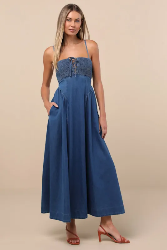 Laylie Medium Wash Denim Lace-Up Midi Dress sold by Lulus
