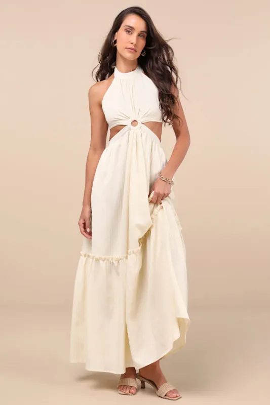 Island Vacay Cream Tie-Back Maxi Dress sold by Lulus