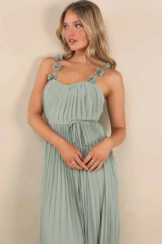 Hera Sage Pleated Floral Applique Maxi Dress sold by Lulus