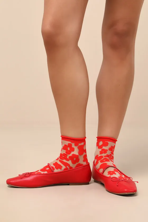 Pop Red Sheer Floral Socks sold by Lulus