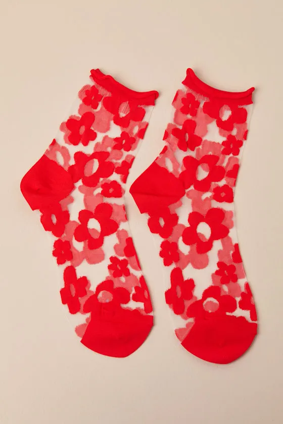 Pop Red Sheer Floral Socks sold by Lulus product image thumbnail 2