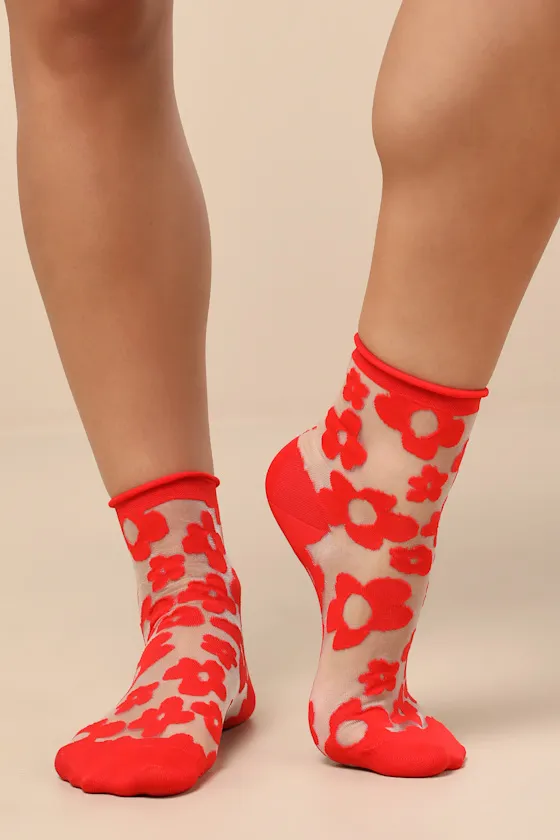 Pop Red Sheer Floral Socks sold by Lulus product image thumbnail 3