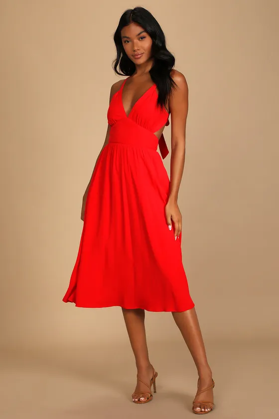 Bold New Look Bright Red Tie-Back Midi Dress With Pockets sold by Lulus