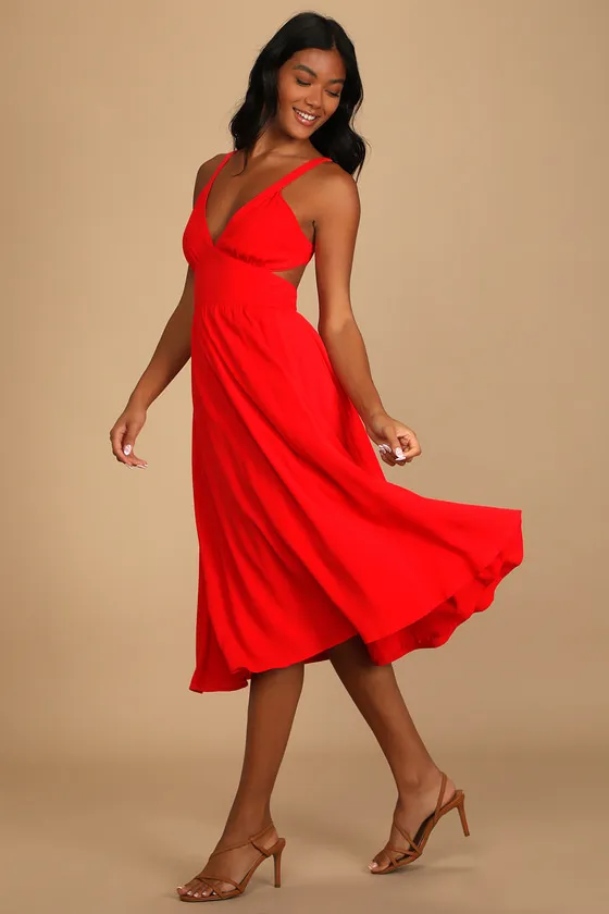 Bold New Look Bright Red Tie-Back Midi Dress With Pockets sold by Lulus product image thumbnail 4
