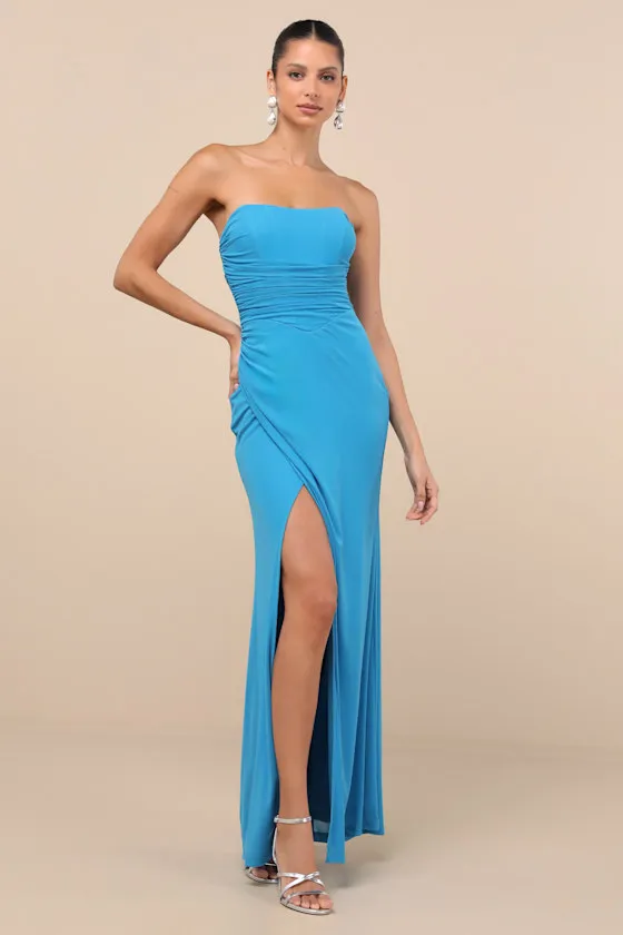 Epitome of Allure Bright Blue Mesh Strapless Ruched Maxi Dress sold by Lulus