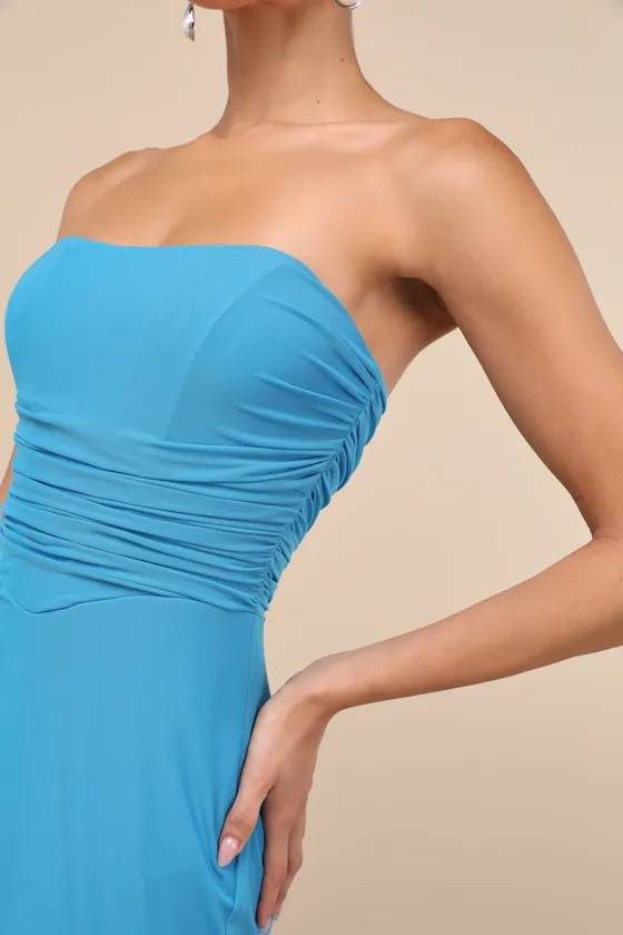 Epitome of Allure Bright Blue Mesh Strapless Ruched Maxi Dress sold by Lulus product image thumbnail 4