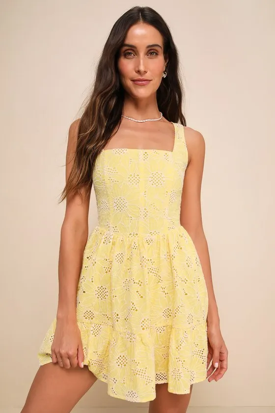 Bright Personality Yellow Embroidered Floral Skater Mini Dress sold by Lulus