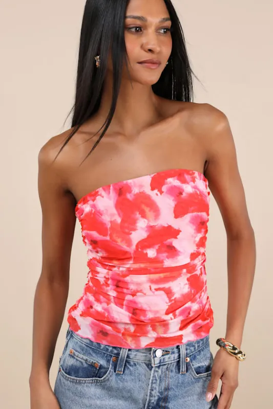 Maylin Red Abstract Print Mesh Strapless Top sold by Lulus