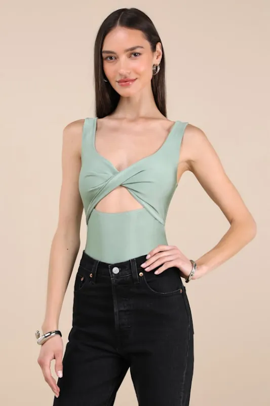Basima Sage Green Cutout Twist-Front Sleeveless Bodysuit sold by Lulus