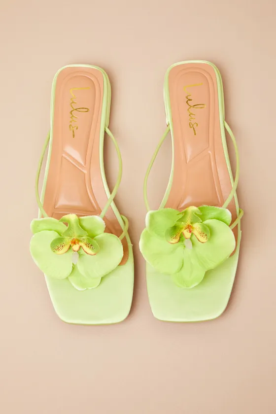 Florra Lime Green Satin Floral Applique Low Heel Slide Sandals sold by Lulus product image thumbnail 4