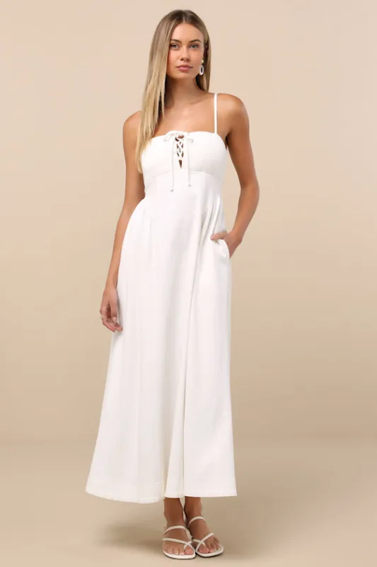 Laylie White Denim Lace-Up Midi Dress sold by Lulus