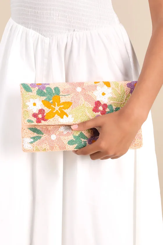 Lisanne Peach Multi Floral Beaded Clutch sold by Lulus
