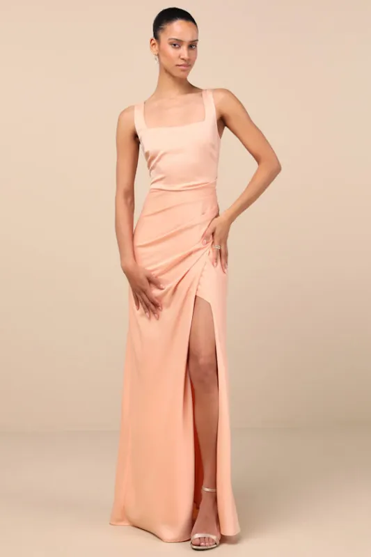 Red Carpet Romance Peach Satin Square Neck Maxi Dress made by Lulus