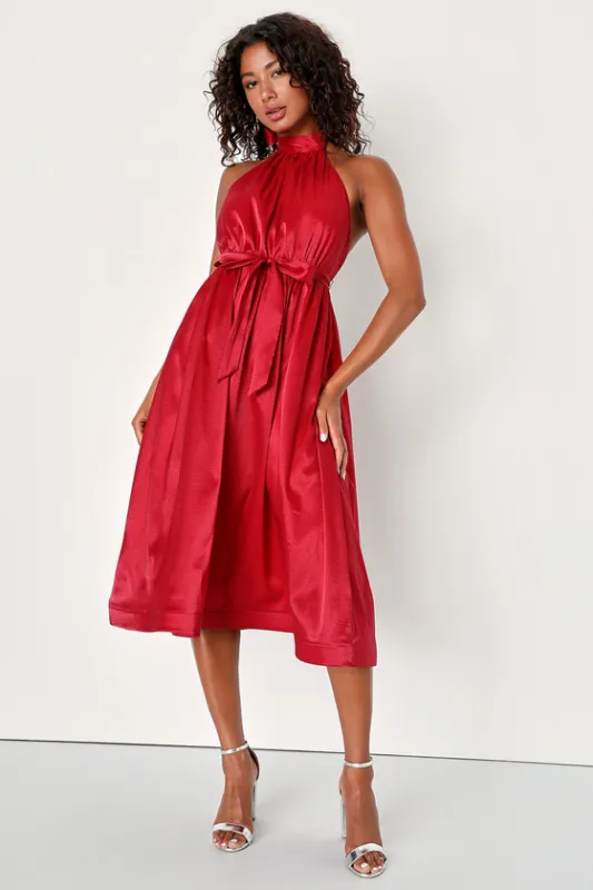 Effortless Grace Wine Red Organza Halter Midi Dress sold by Lulus