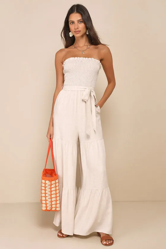 Effective Charm Beige Linen Strapless Jumpsuit sold by Lulus
