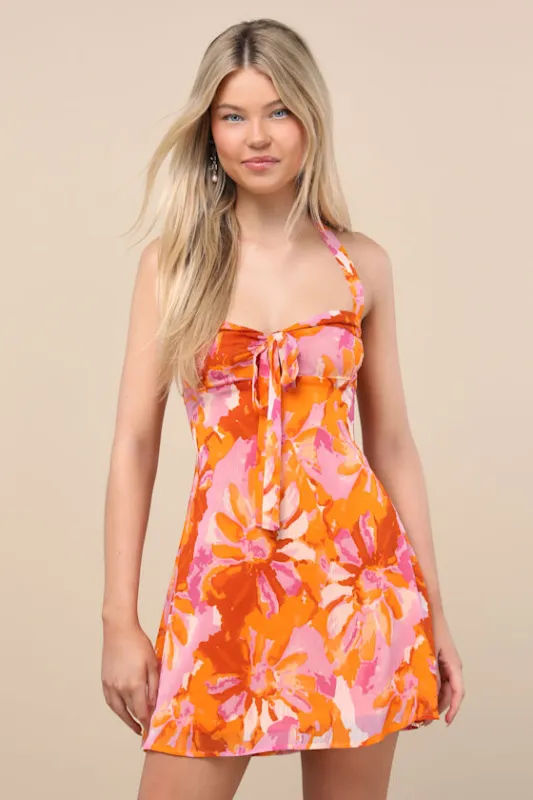 Sabine Orange Multi Floral Halter Mini Dress sold by Lulus