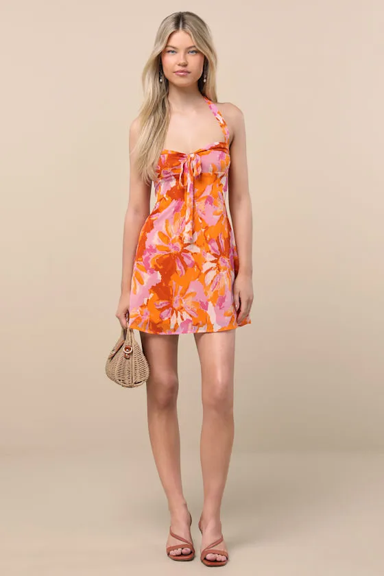 Sabine Orange Multi Floral Halter Mini Dress sold by Lulus product image thumbnail 4