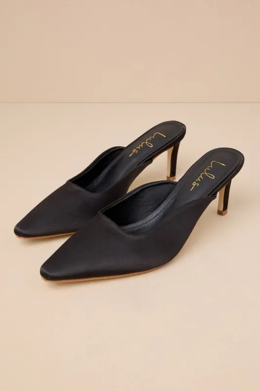 Daliah Black Satin Pointed-Toe Mule Pumps sold by Lulus