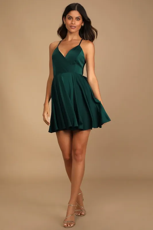 Add Some Glam Emerald Green Satin Tie-Back Skater Dress sold by Lulus