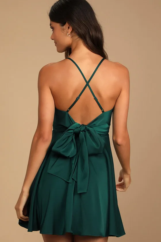 Add Some Glam Emerald Green Satin Tie-Back Skater Dress sold by Lulus product image thumbnail 4