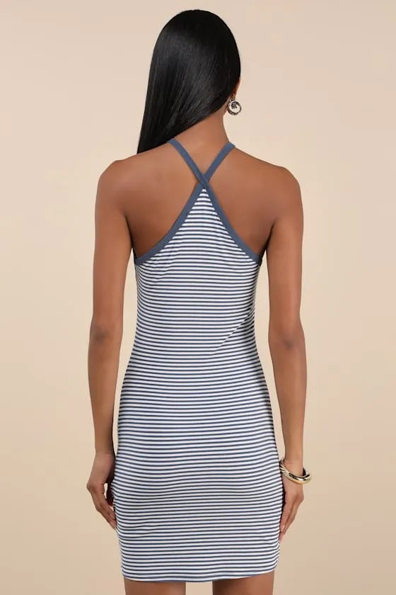 Maveline Blue Striped Ribbed Knit Halter Mini Dress sold by Lulus product image thumbnail 2