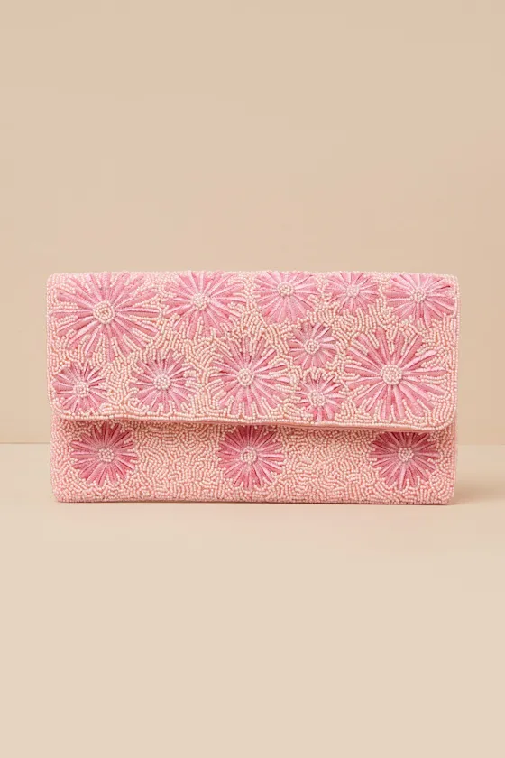 Exclusive Presence Pink Beaded Floral Clutch sold by Lulus