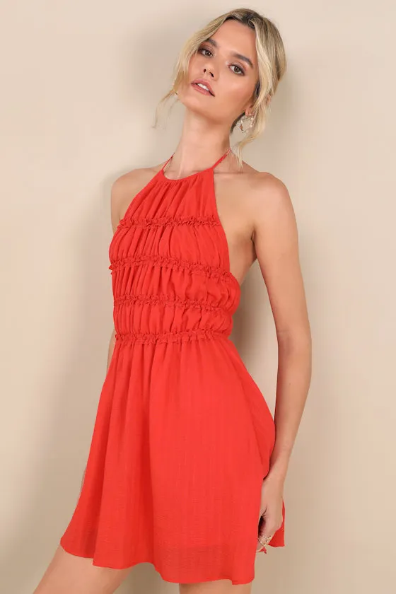 Kallina Red Orange Ruffled Halter Neck Mini Dress sold by Lulus