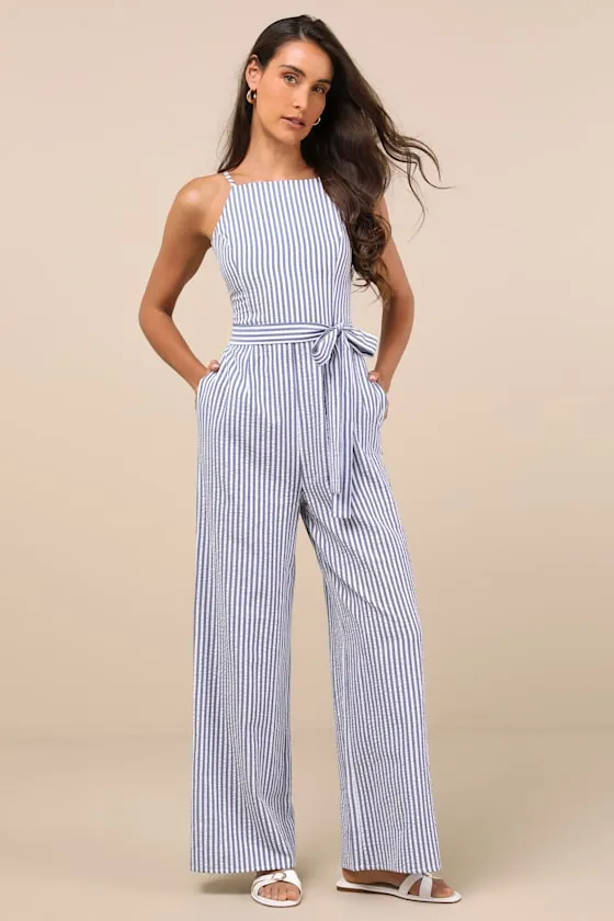 Messina Blue Striped Wide-Leg Jumpsuit sold by Lulus