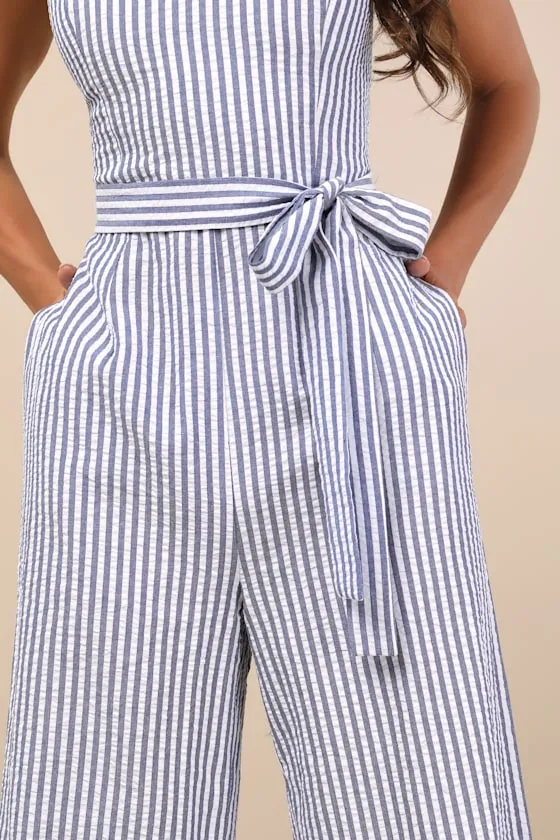 Messina Blue Striped Wide-Leg Jumpsuit sold by Lulus product image thumbnail 4