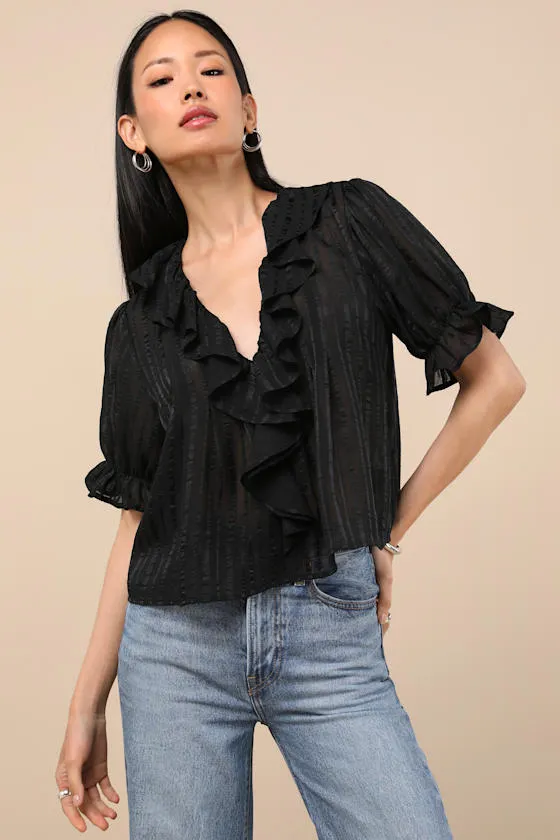 Dania Black Striped Ruffled Short Sleeve Top sold by Lulus