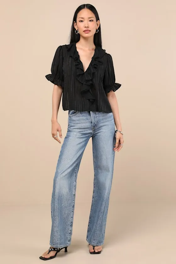 Dania Black Striped Ruffled Short Sleeve Top sold by Lulus product image thumbnail 3