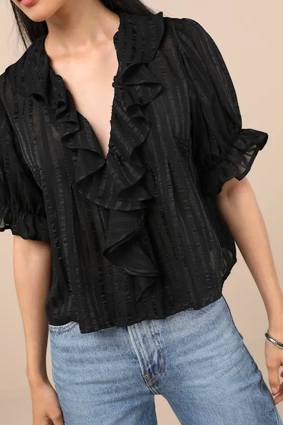 Dania Black Striped Ruffled Short Sleeve Top sold by Lulus product image thumbnail 4