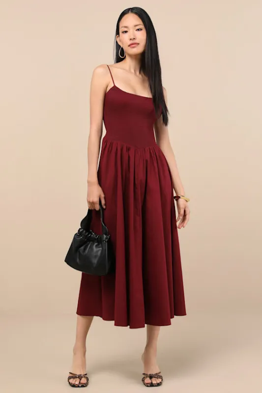 Tandria Burgundy Smocked Sleeveless Midi Dress sold by Lulus