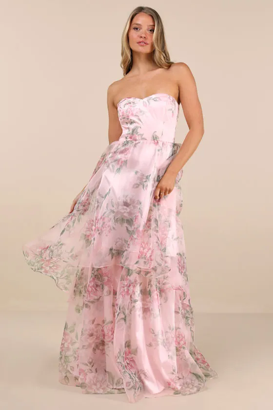 Truly Extraordinary Pink Floral Organza Strapless Maxi Dress sold by Lulus