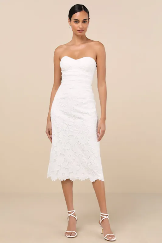 Aramis White Embroidered Lace Strapless Bustier Midi Dress sold by Lulus
