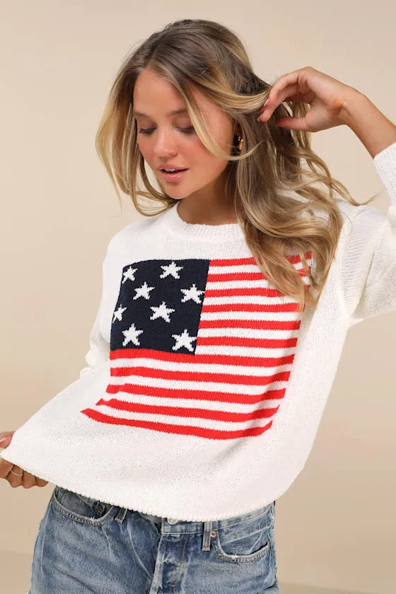 Sofija Ivory American Flag Knit Crew Neck Pullover Sweater sold by Lulus