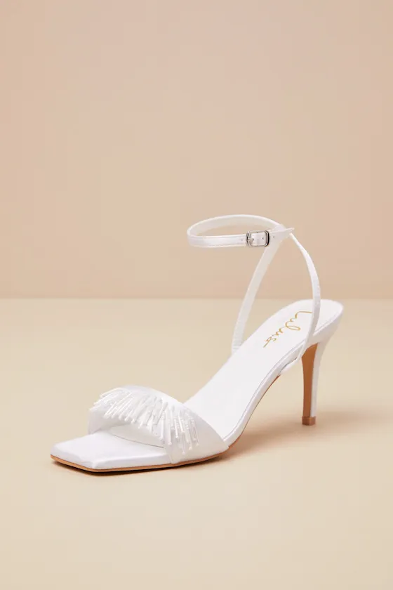 Addia White Satin Beaded Fringe High Heel Sandals sold by Lulus product image thumbnail 2