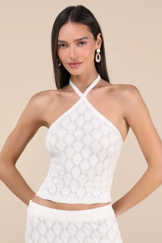 Daisy Ivory Pointelle Knit Halter Crop Top sold by Lulus