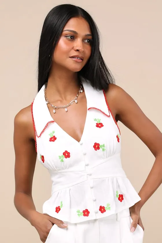 Ayah White Embroidered Collared Button-Front Top sold by Lulus