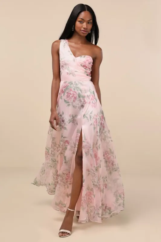 Truly Extraordinary Pink Floral Organza One-Shoulder Maxi Dress sold by Lulus