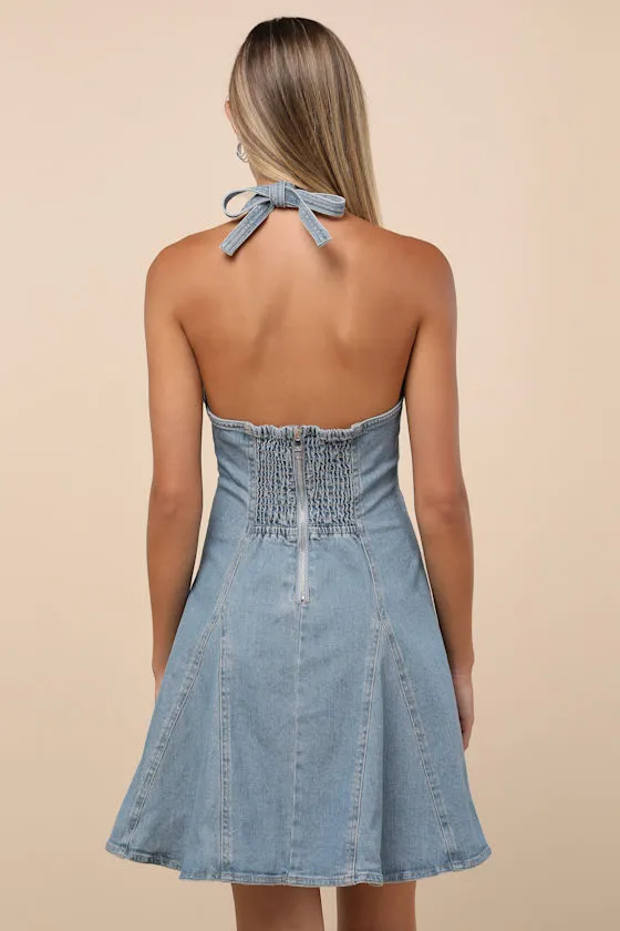 Malia Light Wash Halter Skater Mini Dress sold by Lulus product image thumbnail 2
