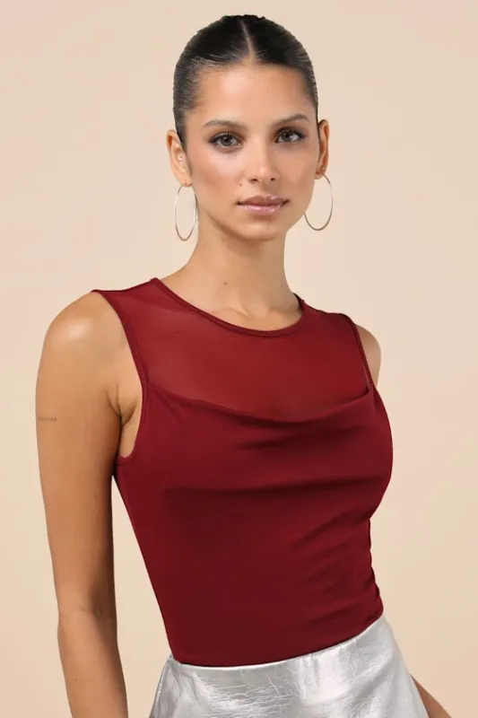Corrine Dark Red Mesh Cowl Tank Top sold by Lulus