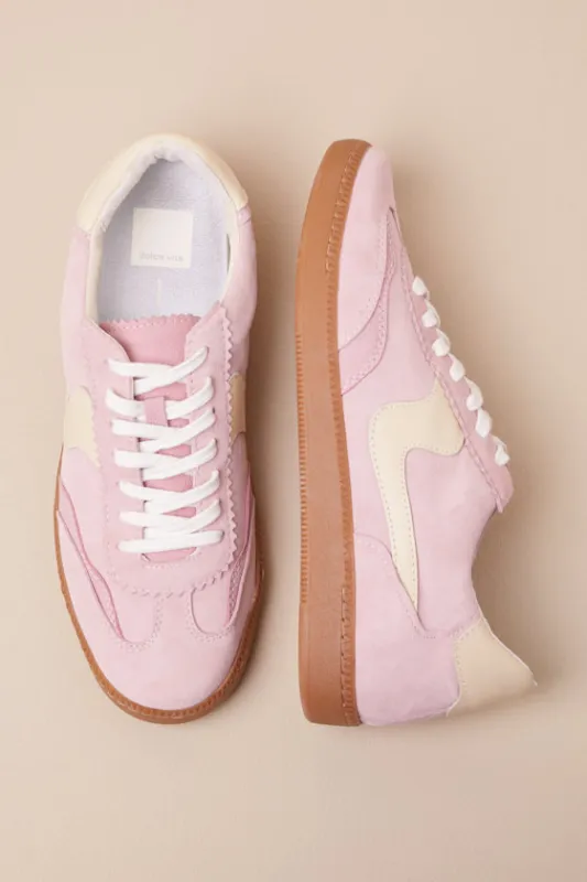 Notice Guava Suede Leather Color Block Lace-Up Sneakers sold by Lulus