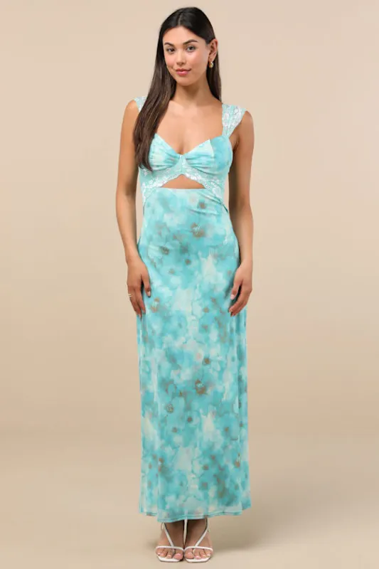 Endlessly Cute Teal Floral Mesh Cutout Lace Bustier Maxi Dress sold by Lulus