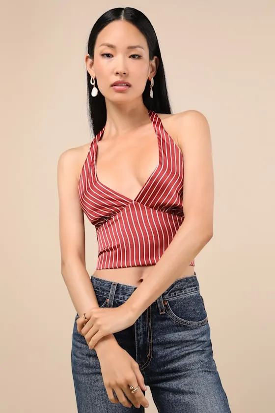 Damiana Rust Red Striped Satin Tie-Back Halter Top sold by Lulus product image thumbnail 3